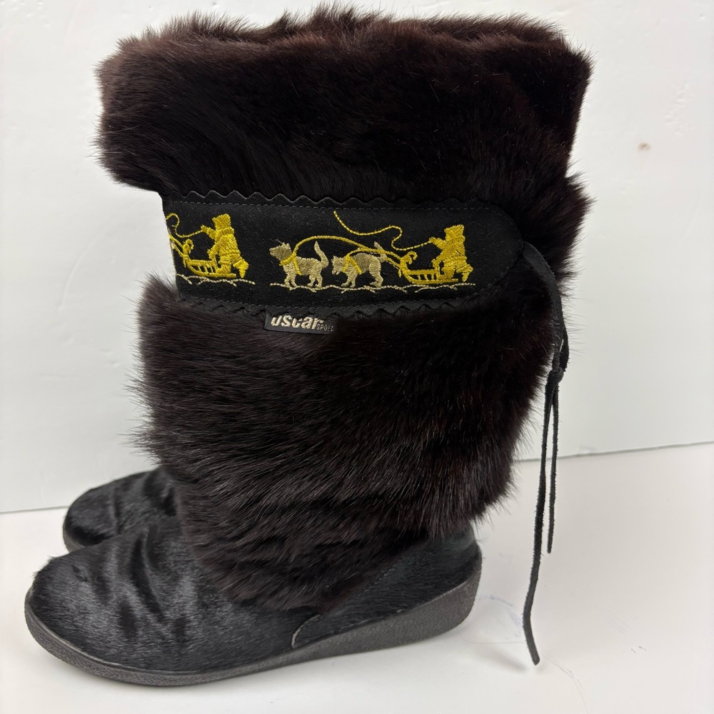 Vintage Oscar Sport Elisa Winna Black Fur Winter Snow Boots Gold Dogsleds 40